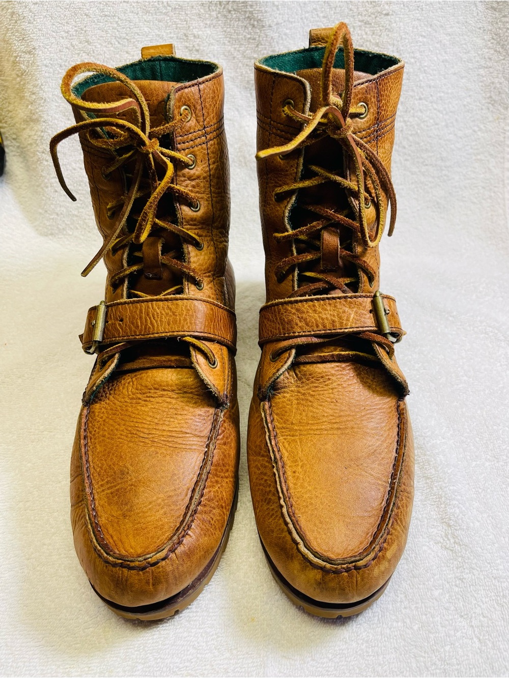 Polo Ralph Lauren Tumbled Leather Buckle Ranger Brown Tan Boots Mens 12